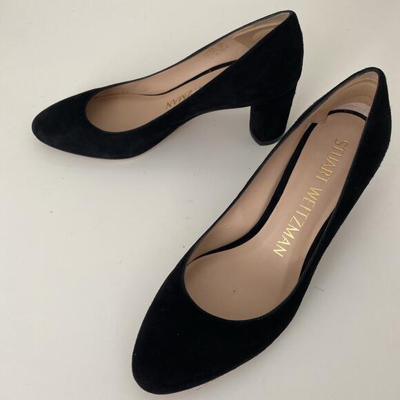 Stuart Weitzman Amatta Black Suede Pump 2" Block Heel Almond Toe 6 - Picture 7 of 11